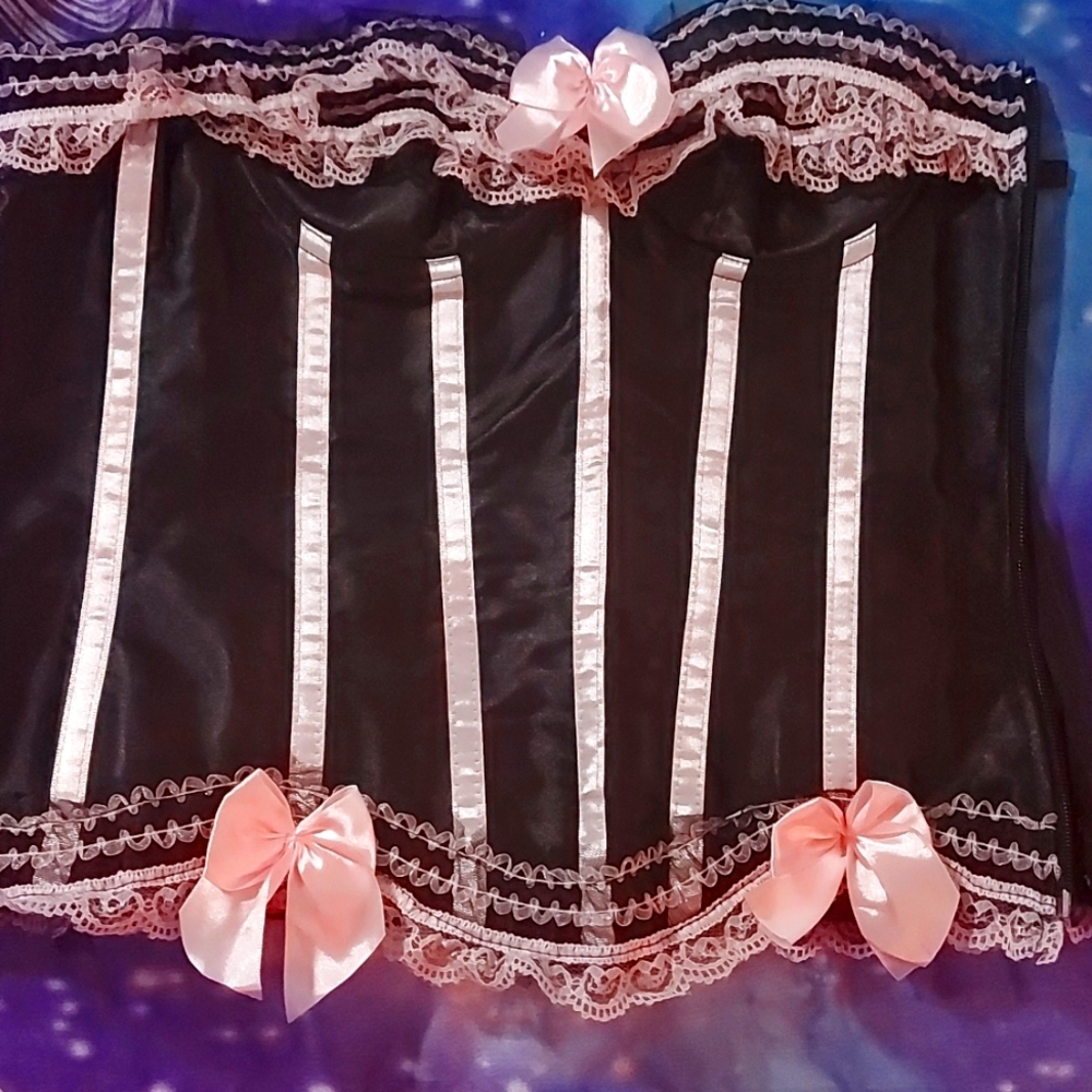Black Corset with Pink Satin Stripes, Bows, and Lace